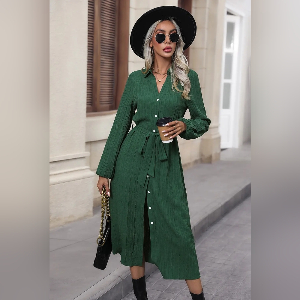 NWT-Boutique-Textured Tie Waist Collared Neck Green Midi Shirtdress Dress-Size M